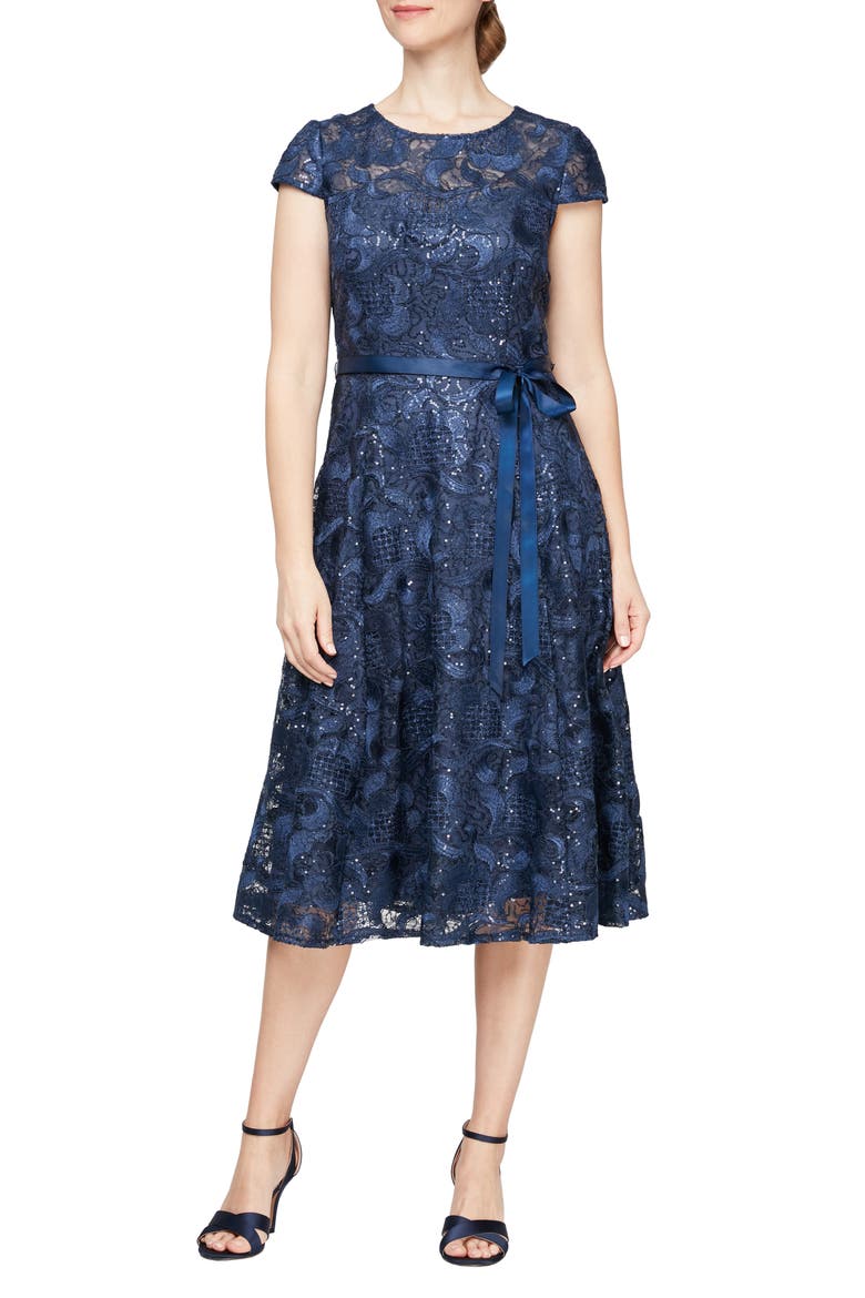 Embroidered Tulle Cocktail Dress, Main, color, NAVY