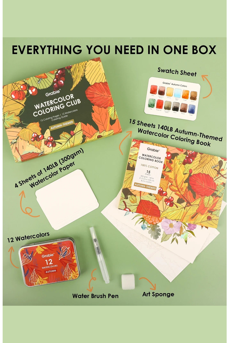 Autumn Themed Watercolor Coloring Club Box, Alternate, color, Autumn