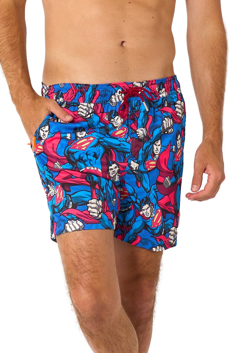 OppoSuits The Man of Steel Stretch Swim Trunks, Alternate, color, Blue Multi