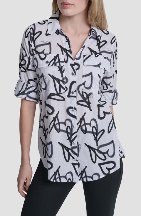 Printed Roll-Tab Cuff Cotton Button-Up Shirt