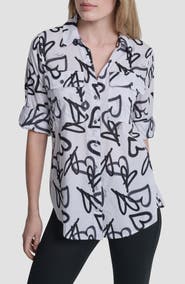 DKNY Printed Roll-Tab Cuff Cotton Button-Up Shirt