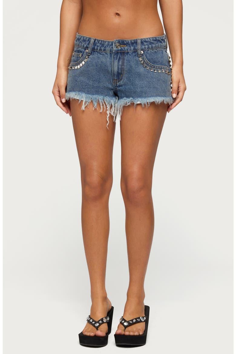 Studded Cutoff Denim Shorts, Main, color, BLUE-WASHED