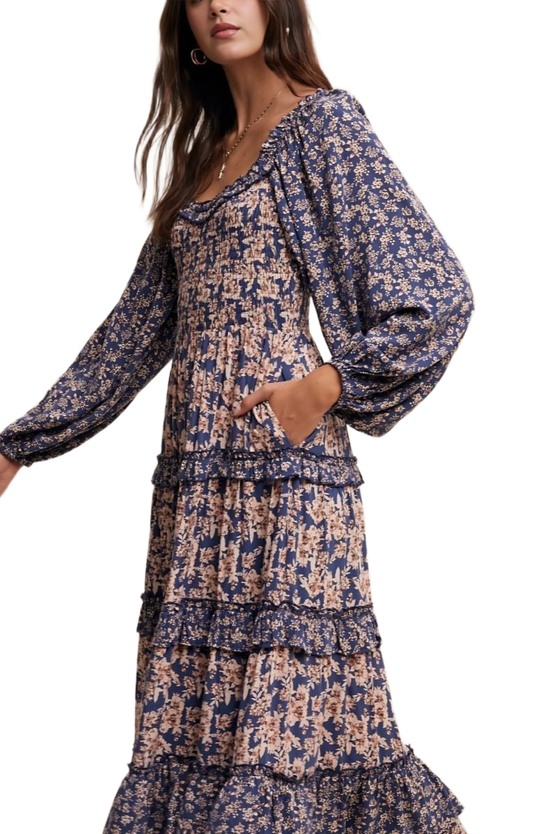 Knit and Lounge Floral Ruffle Tiered Maxi Dress, Alternate, color, Navy Blue / Light Pink Floral