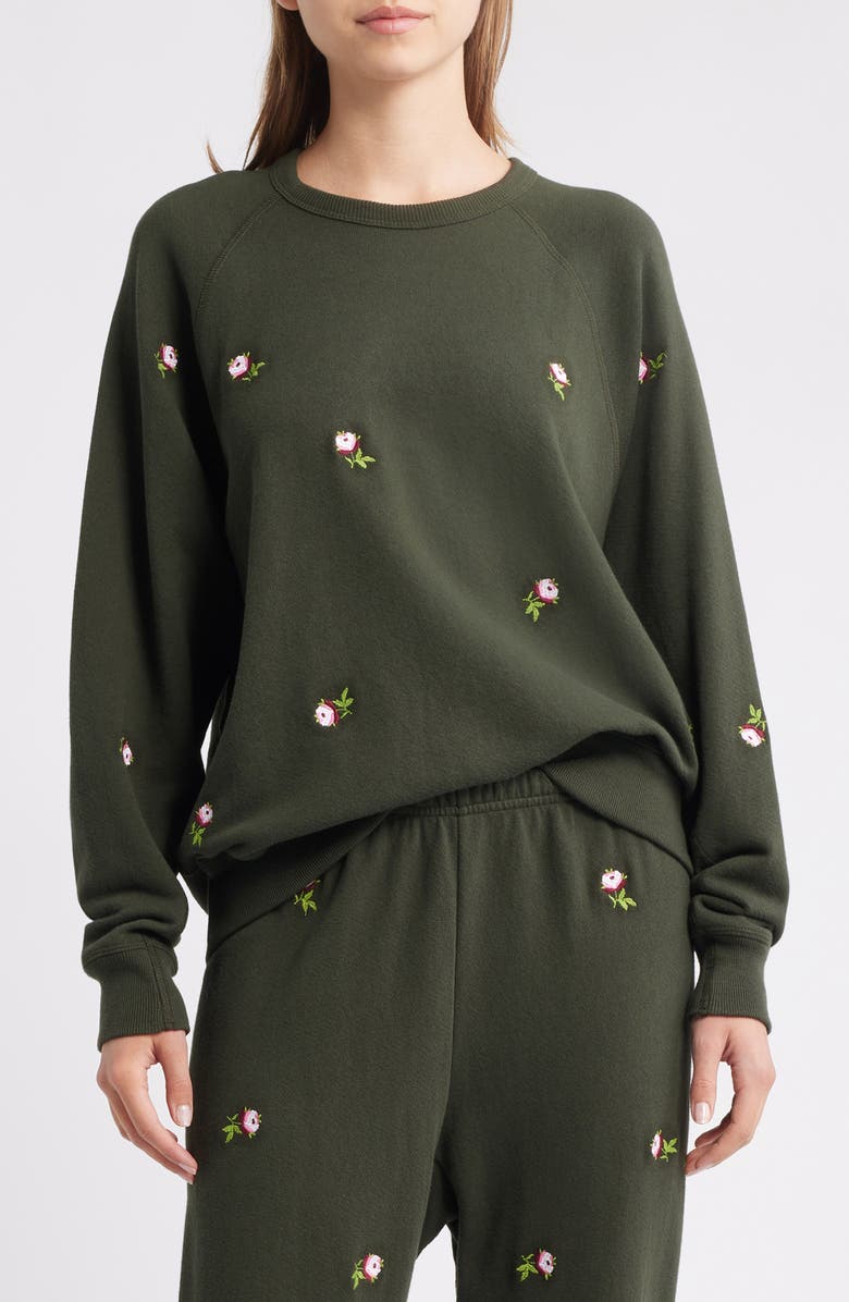 THE GREAT. The College Embroidered Rose Sweatshirt, Main, color, Woodland Green