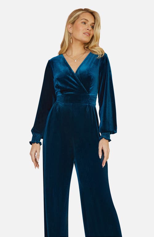 Yumi Velvet Long Sleeve Jumpsuit In Blue