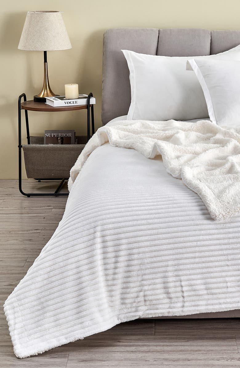 Woven & Weft Plush Ribbed Velvet Reversible Faux Shearling Throw Blanket, Alternate, color, White