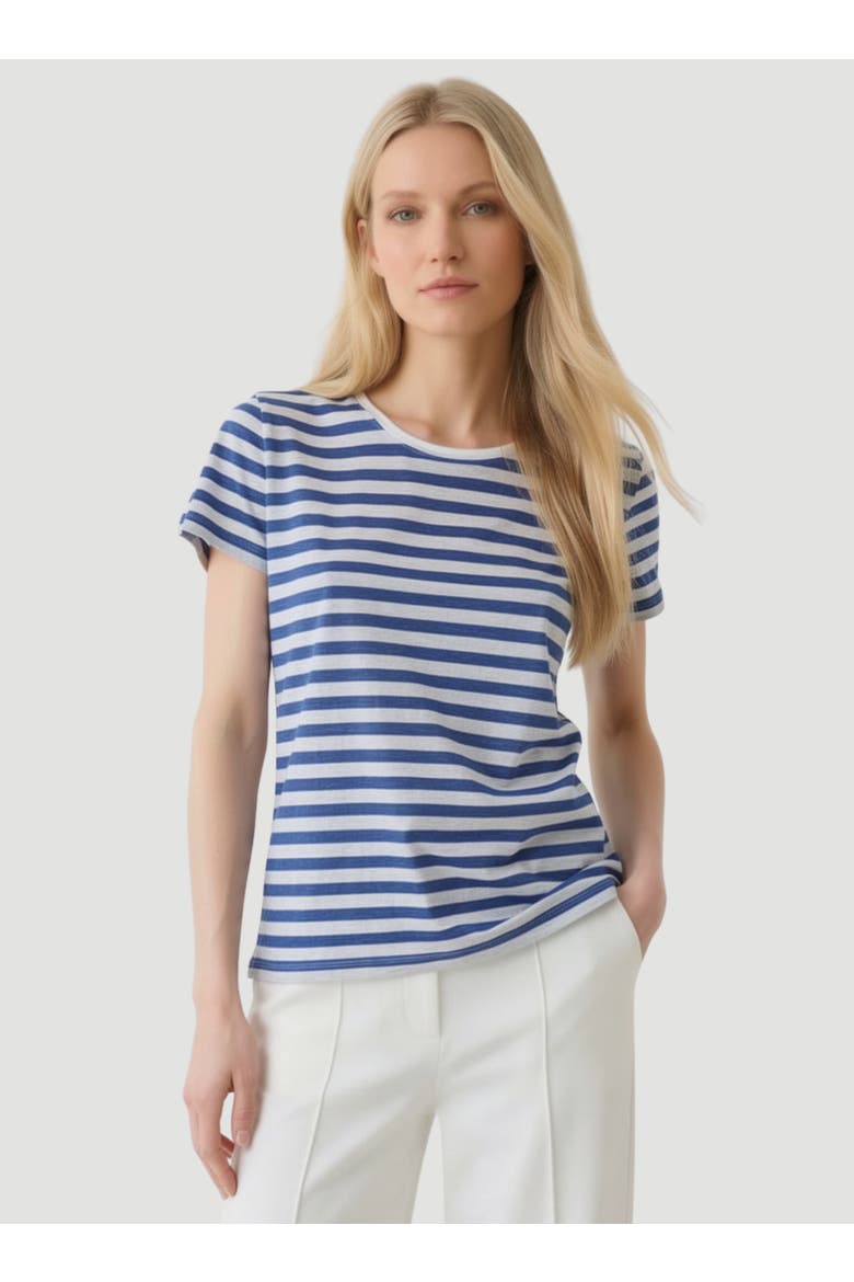 Stretch Linen Stripe Short Sleeve Crewneck T-Shirt, Main, color, ABYSS