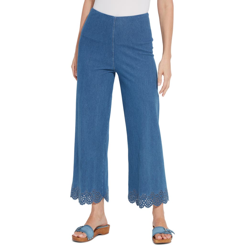 Lyssé Lysse Eyelet Hem Pull-on Crop Wide Leg Knit Jeans In Blue