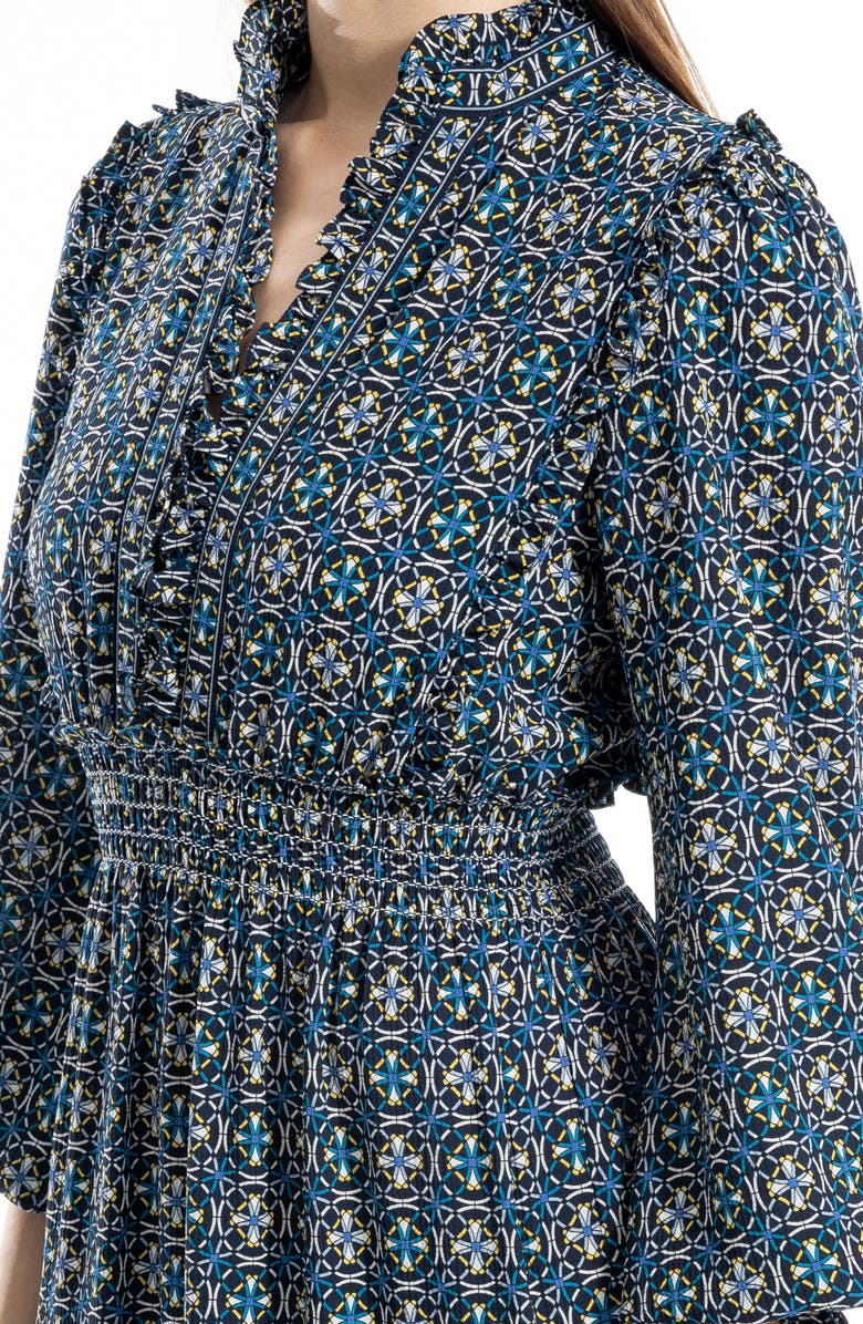 MAX STUDIO Tiered Long Sleeve Maxi Dress, Alternate, color, Nvytrqoc-Navy/Turq Overlap Circles