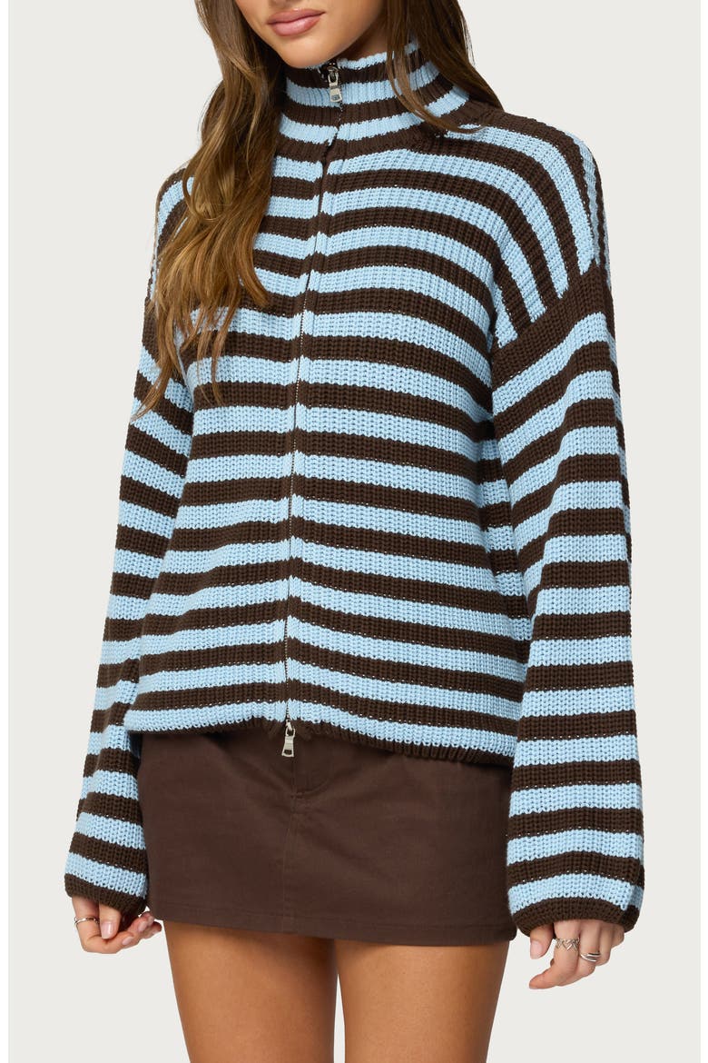 Stripe Mock Neck Zip Sweater, Alternate, color, BROWN