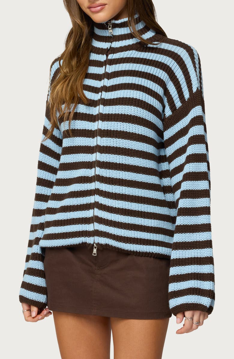 EDIKTED Stripe Mock Neck Zip Sweater, Alternate, color, Brown