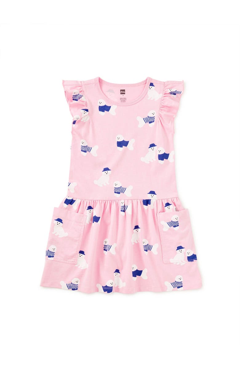 Tea Collection Flutter Sleeve Pocket Dress, Main, color, Spanish Water Dog