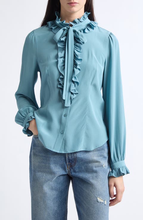 Catroux Ruffle Neck Silk Top