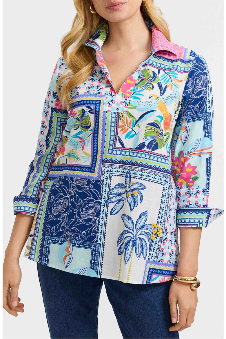 Julia Tropical Print Cotton Popover Top, Main, color, BLUE MULTI