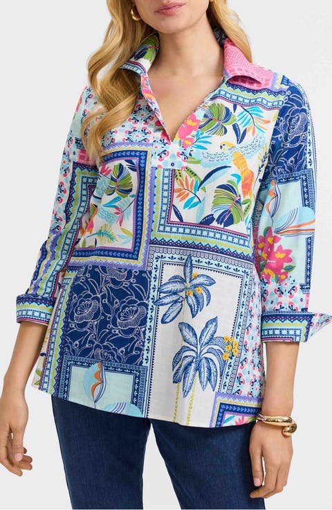 Julia Tropical Print Cotton Popover Top