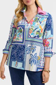 Foxcroft Julia Tropical Print Cotton Popover Top
