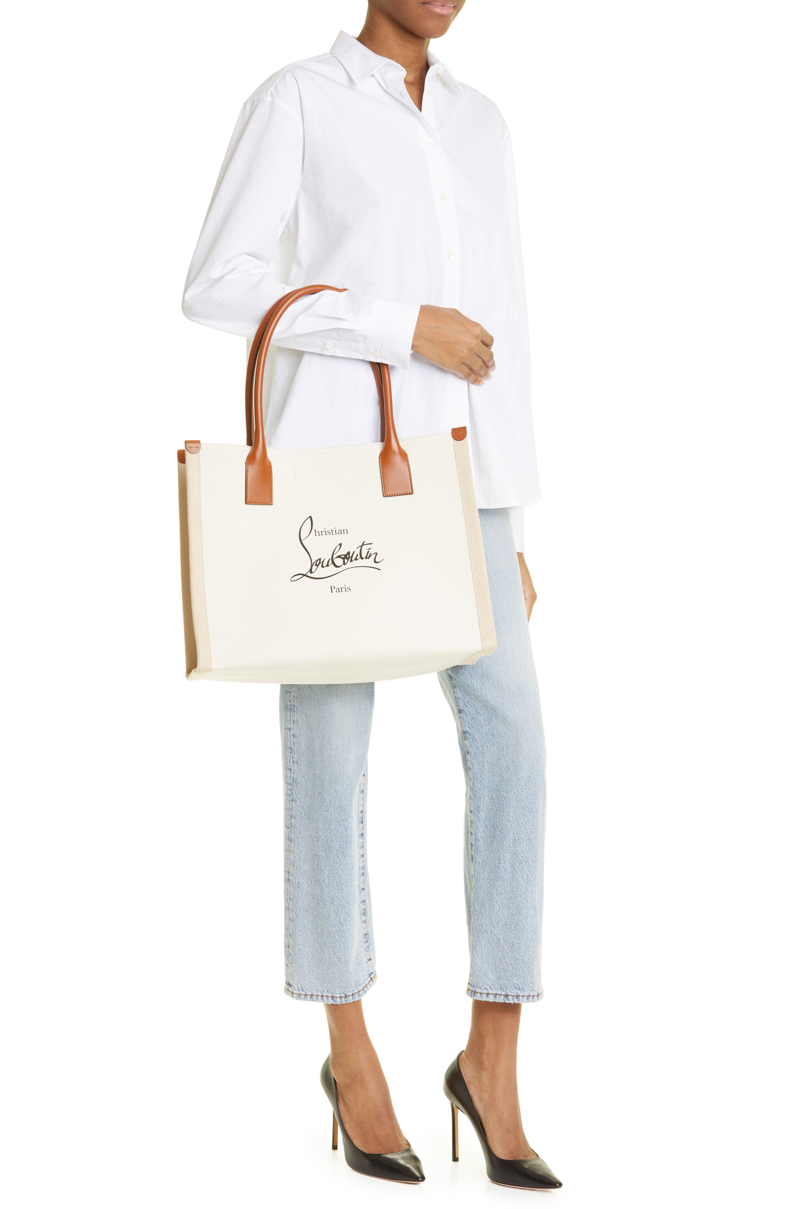 Christian Louboutin Large Nastroloubi Canvas Tote, Alternate, color, Natural/ Cuoio/ Black/ Natural