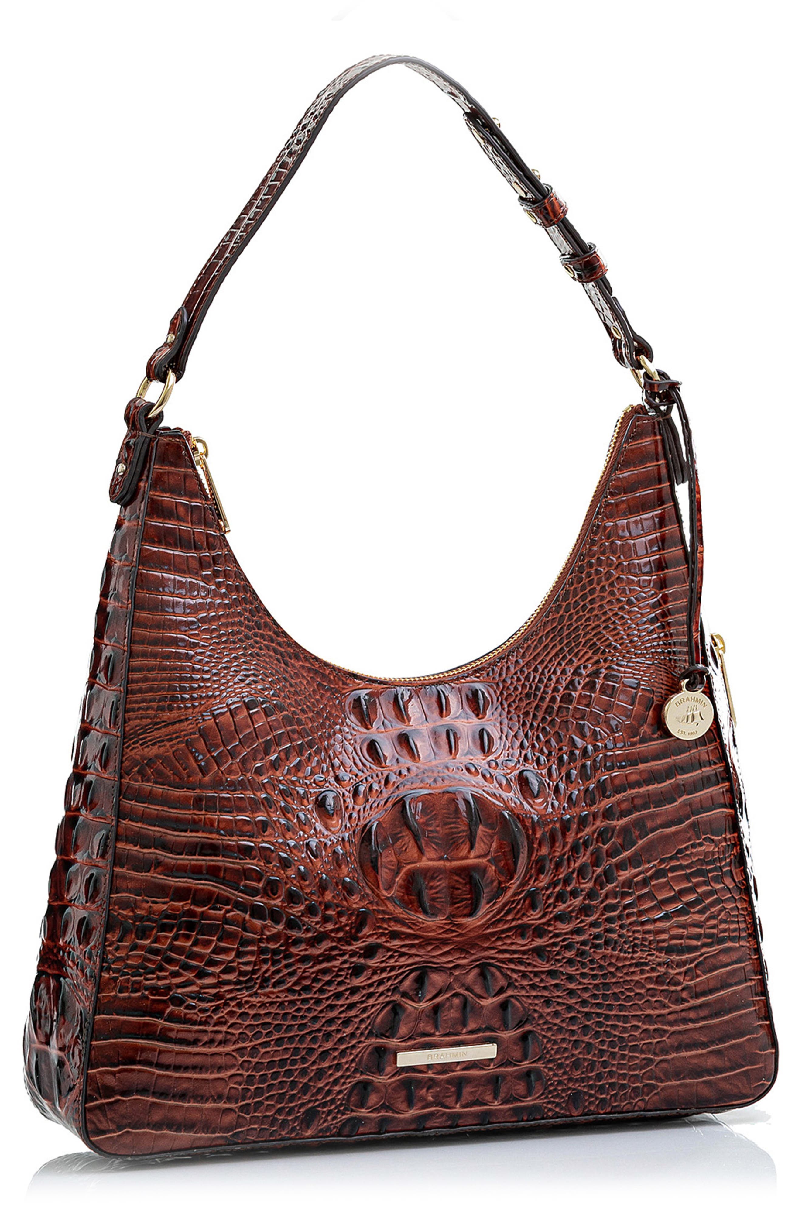 Brahmin Tabitha Croc Embossed Leather Shoulder Bag, Alternate, color, Pecan Melbourne