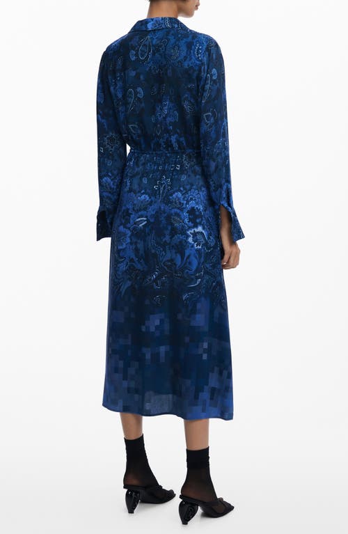 Desigual Belted Long Sleeve Midi Shirtdress In Blue