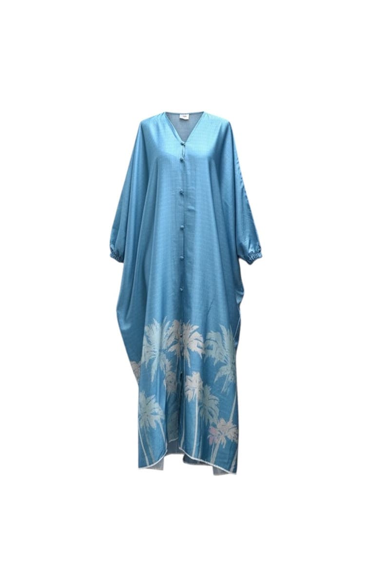 Azure Palm Print Caftan, Main, color, Turquoise Blue