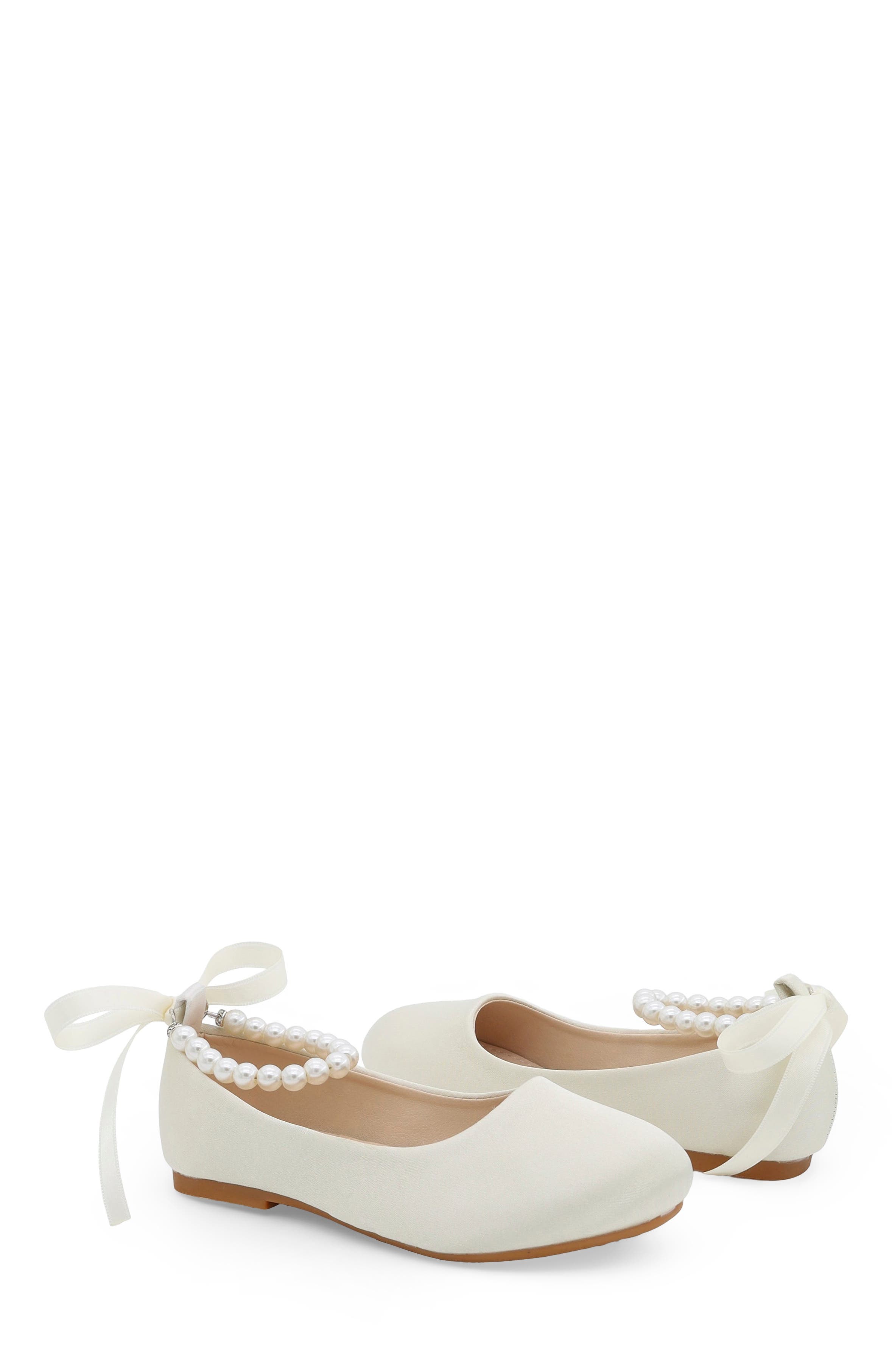 Harper Satin Flower Girl Flats with All Pearls Ankle Strap, Alternate, color, Ivory