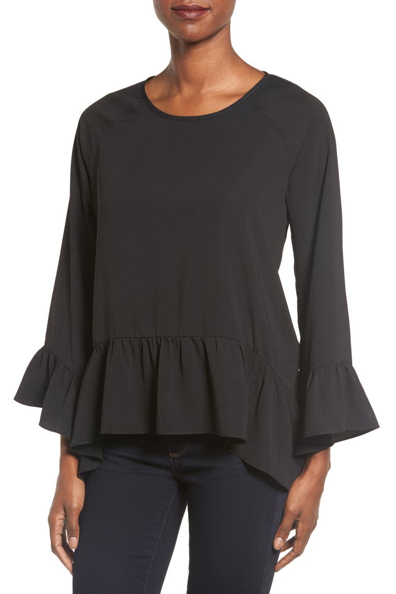 Gibson Bell Sleeve Ruffle Hem Blouse, Main, color, BLACK