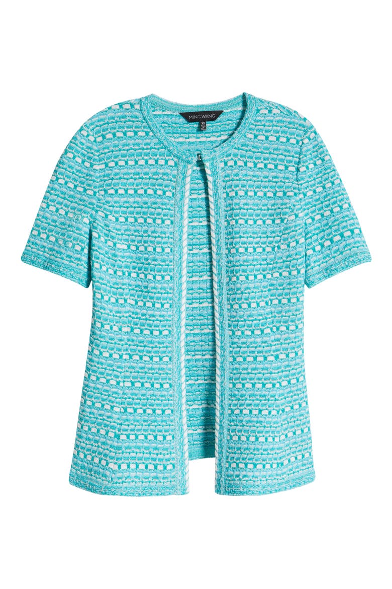 Mixed Stitch Short Sleeve Cardigan, Alternate, color, EMERALD AWE/ CALYPSO BLUE