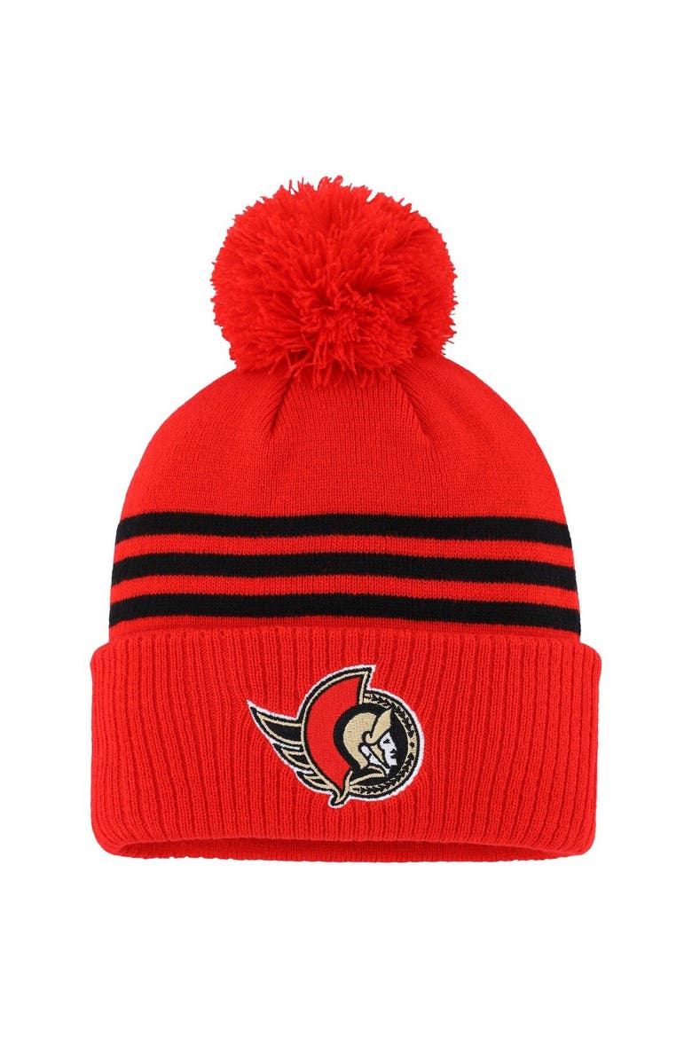 Men's adidas Red Ottawa Senators Locker Room Three Stripe Cuffed Knit Hat with Pom, Main, color, Red