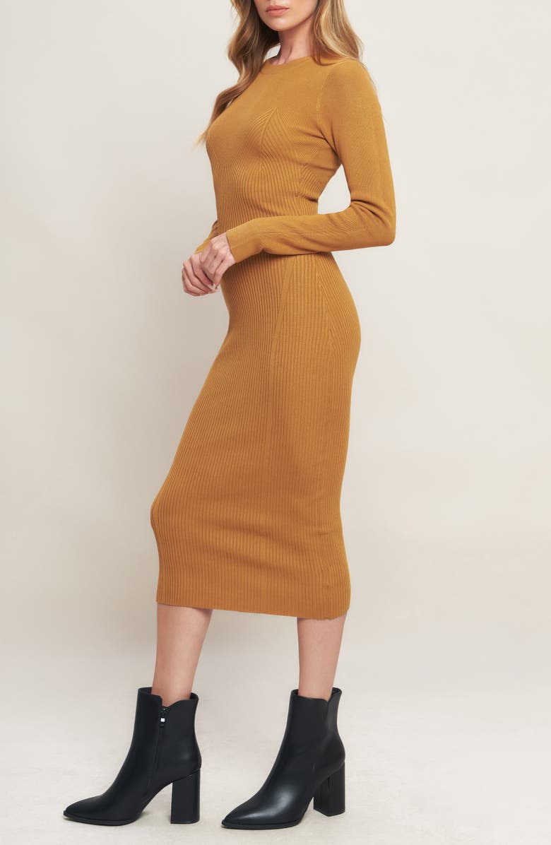 FLYING TOMATO Long Sleeve Rib Knit Midi Dress, Alternate, color, Camel
