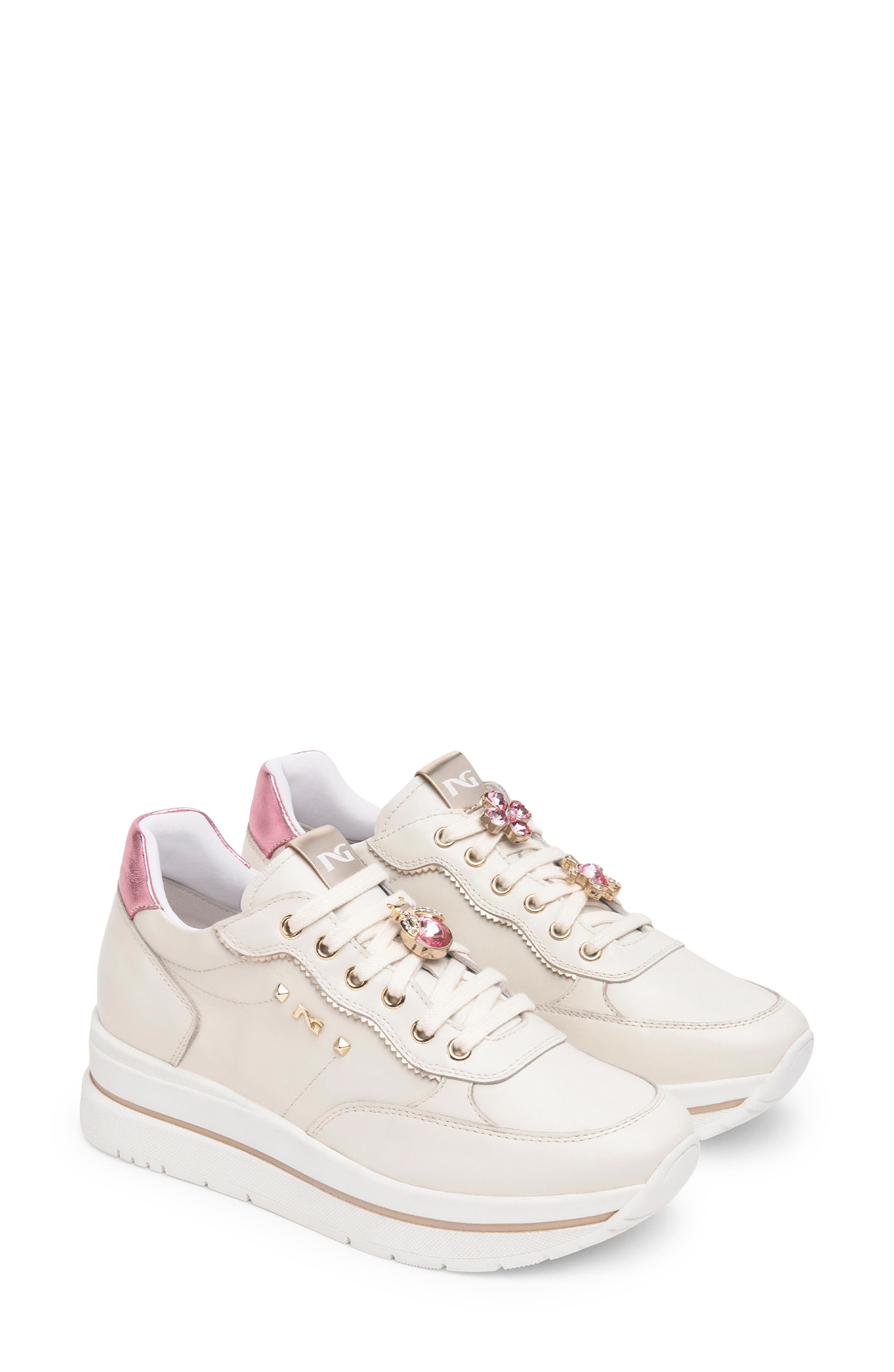 Crystal Embellished Lace-Up Sneaker, Main, color, BEIGE MULTI