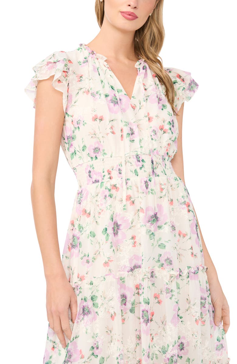 CeCe Floral Flutter Sleeve Midi Dress, Alternate, color, New Ivory