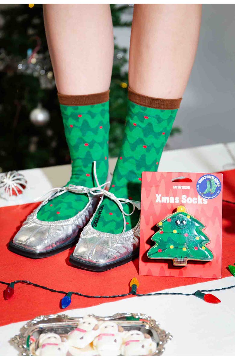 doiy Xmas Tree Crew Socks, Alternate, color, Green Multi