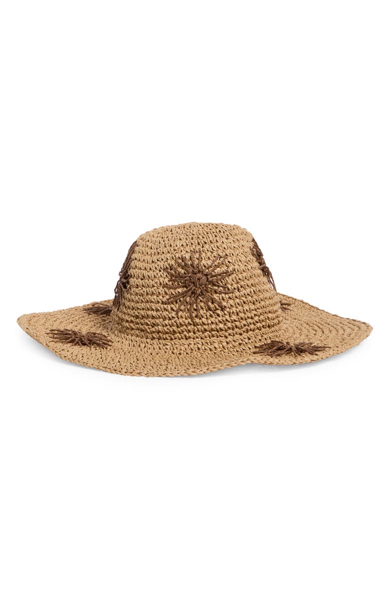 Steve Madden Floral Embroidered Straw Floppy Hat, Alternate, color, Tan