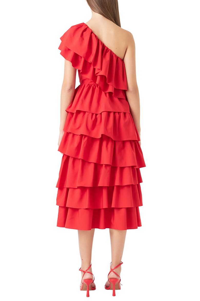 Ruffle One-Shoulder Tiered Ruffle Midi Dress, Alternate, color, RED