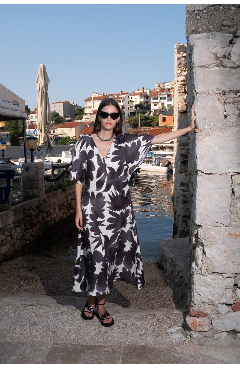 Untitled in Motion Zena Printed V-Neck Midi Dress, Alternate, color, Facula Black