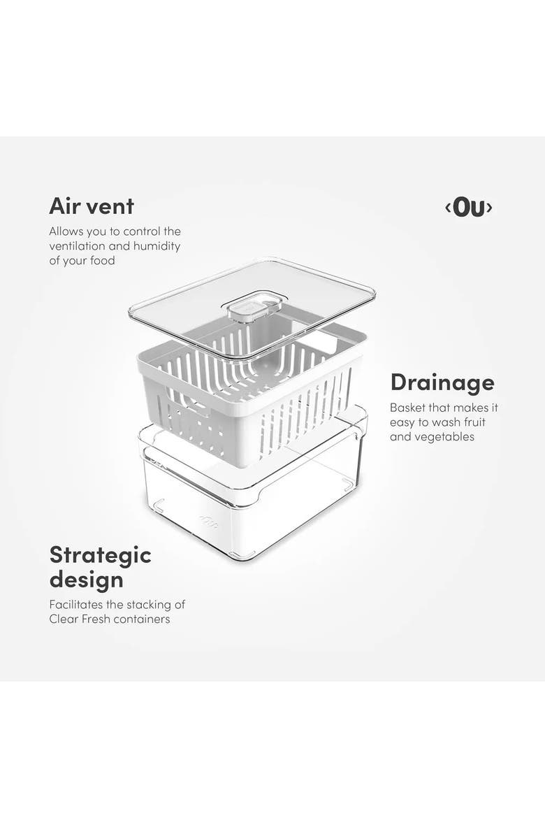 Clear Stackable Fridge Organizer Bins with Drain Basket, Flat Tray and Vented Lids, 2 Pack - 2.3 Quart Each, Alternate, color, Clear with White Drainer