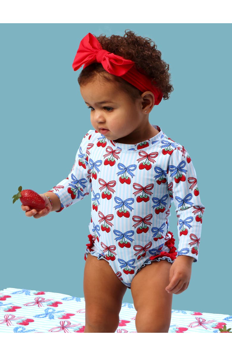 RuffleButts Baby Girls UPF50+ Sun Protected Americana Long Sleeve One Piece Rash Guard, Alternate, color, Berries & Bows