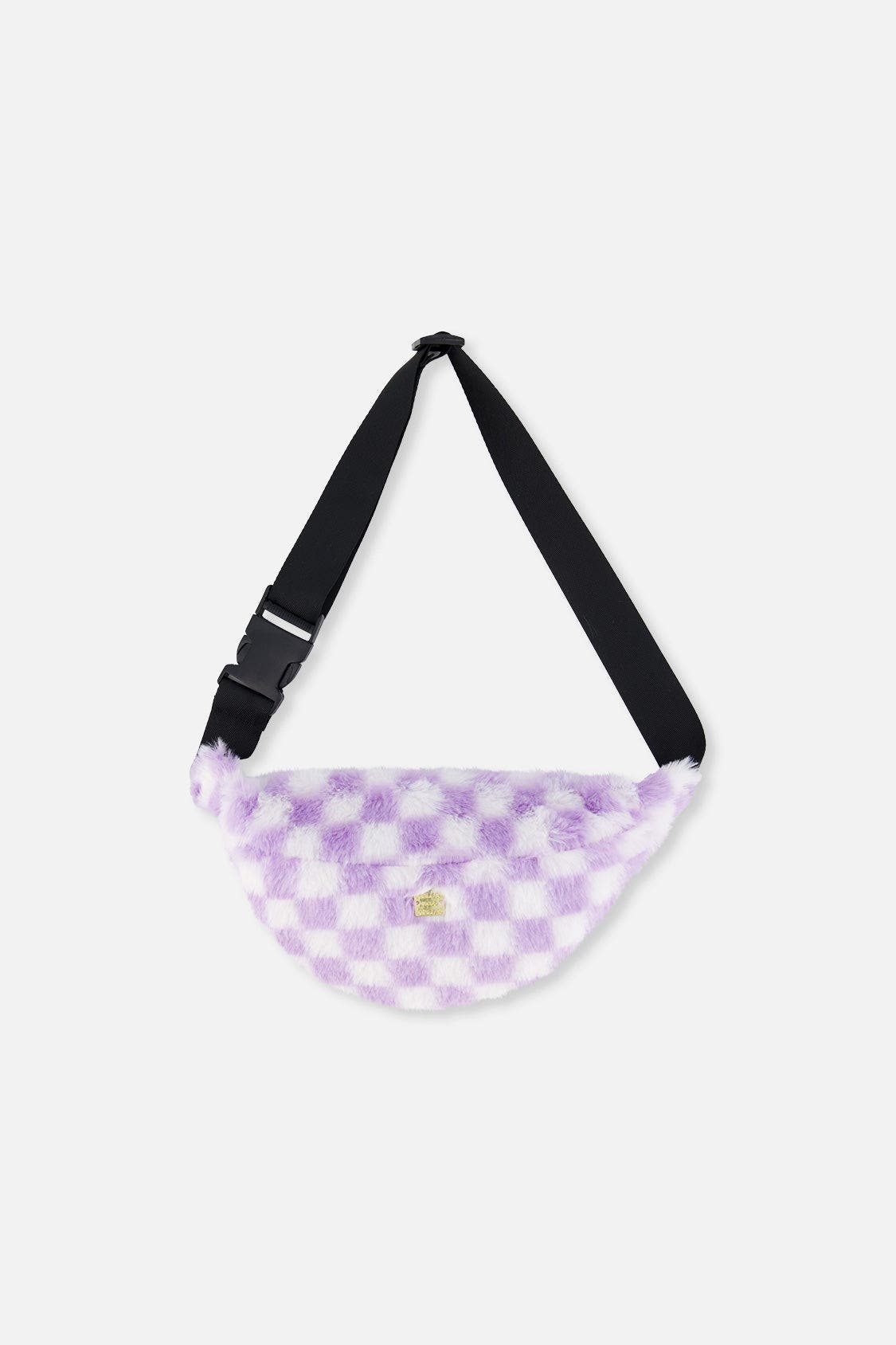 Checkered Faux Fur Zip Fanny Bag, Main, color, Lilac and White Tiles