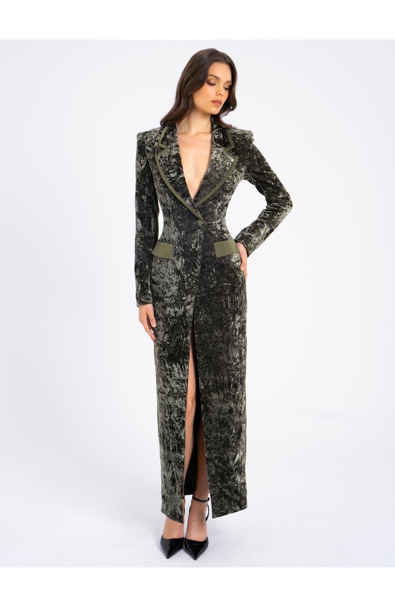 Miss Circle Willow Glossy Stretch Velvet High Slit Blazer Coat, Alternate, color, Green