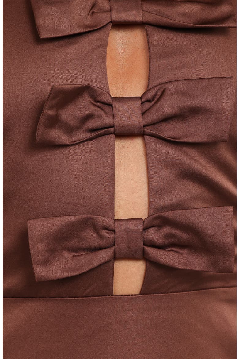 Norva Bow Front Halter Satin Maxi Dress, Alternate, color, BROWN