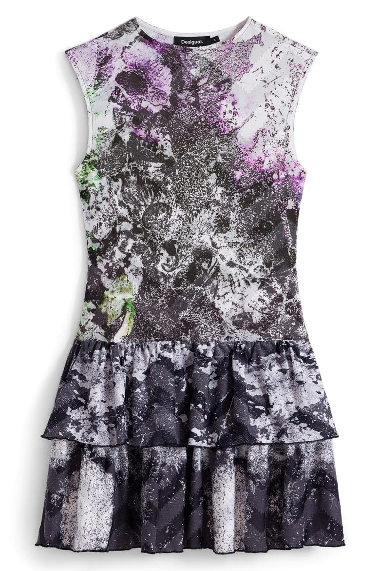 Mixed Print Tiered Dress, Alternate, color, BLACK