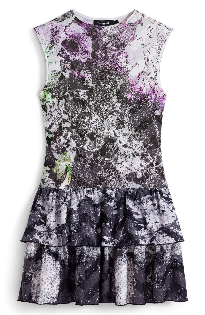 Desigual Mixed Print Tiered Dress, Alternate, color, Black