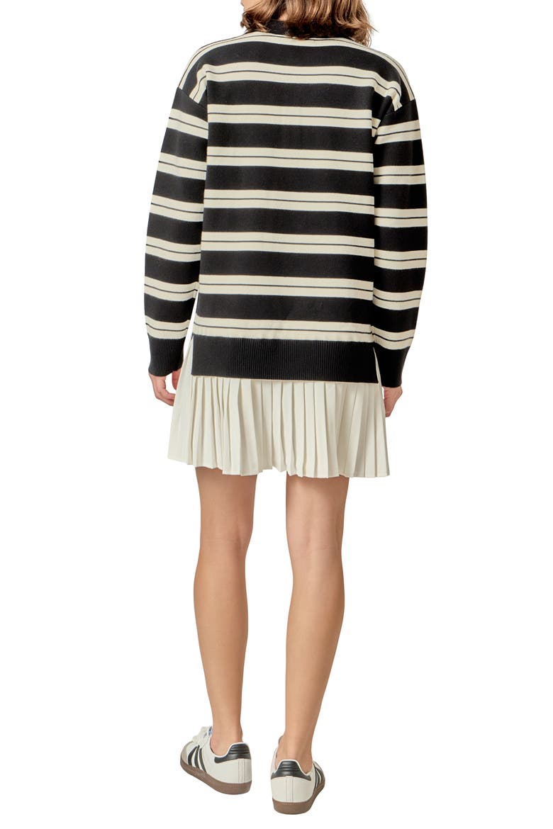 Stripe Mixed Media Long Sleeve Polo Dress, Alternate, color, BLACK/ CREAM