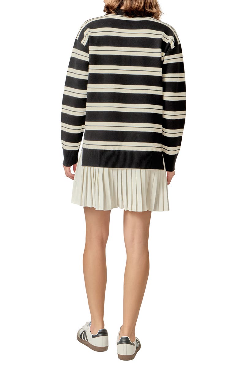English Factory Stripe Mixed Media Long Sleeve Polo Dress, Alternate, color, Black/ Cream