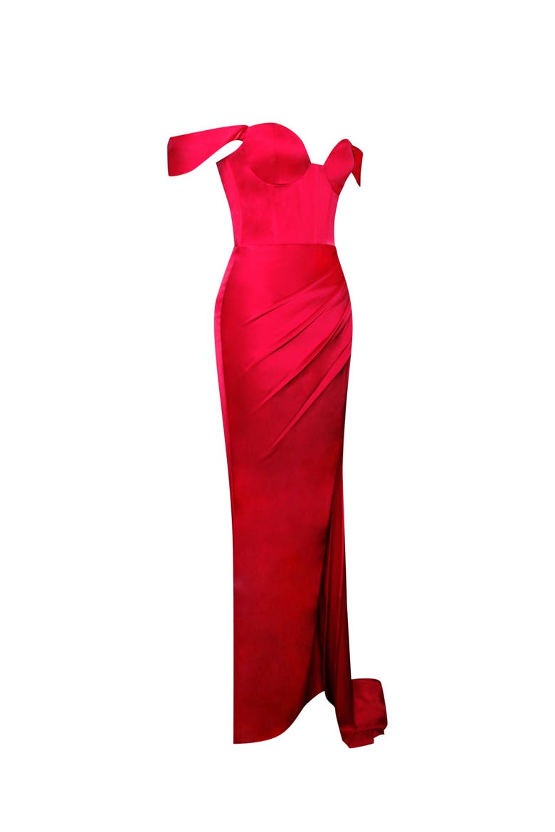Zayda High Slit Corset Satin Gown, Alternate, color, Red