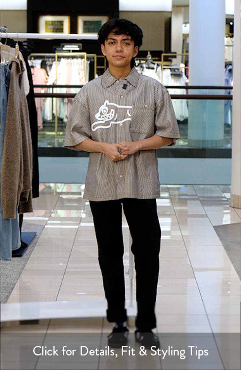 Running Dog Short Sleeve Denim Graphic Button-Up Shirt, sales video thumbnail