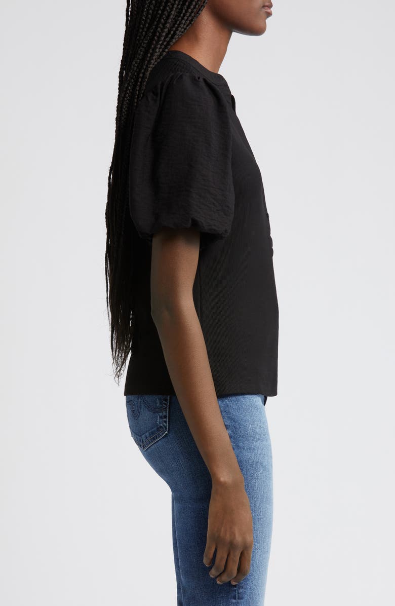 DKNY Puff Sleeve Mixed Media Henley Top, Alternate, color,