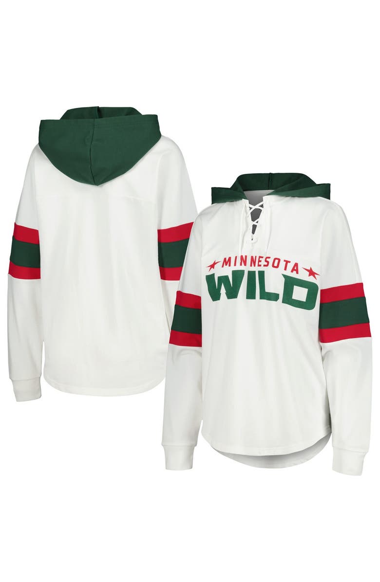 G-III 4HER BY CARL BANKS Women's G-III 4Her by Carl Banks White/Green Minnesota Wild Goal Zone Long Sleeve Lace-Up Hoodie T-Shirt, Main, color, White
