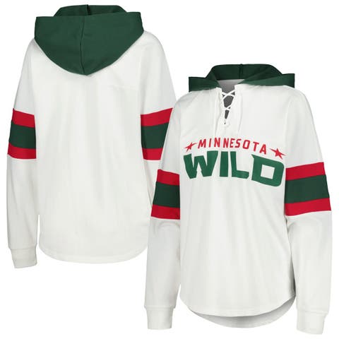 Women's G-III 4Her by Carl Banks White/Green Minnesota Wild Goal Zone Long Sleeve Lace-Up Hoodie T-Shirt