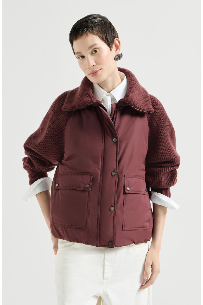 Techno cotton taffeta and virgin wool, cashmere and silk knit down jacket with shiny zipper pull, Main, color, Burgundy